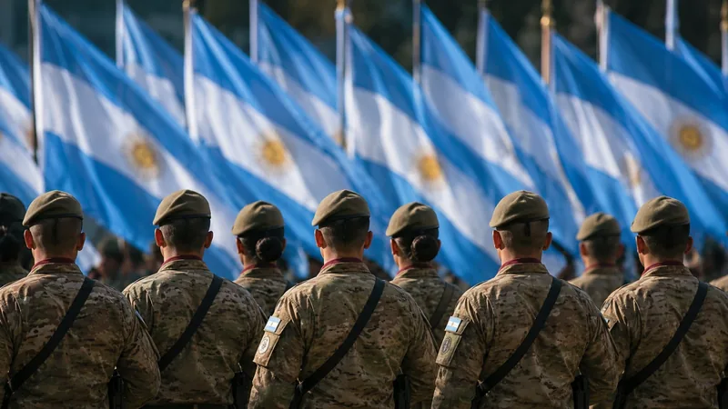 Personal de las Fuerzas Armadas argentinas en formación frente a banderas nacionales